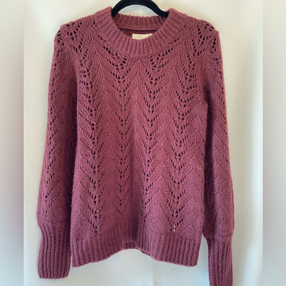 Women's Burgundy feminine Coquette Girl Open Knit Puff Sleeve Crewneck Sweater S - Picture 1 of 13